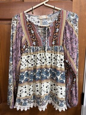 Altar'd State Boho Peasant Floral Crochet Hem Blouse - Blue, Pink, Cream Size S